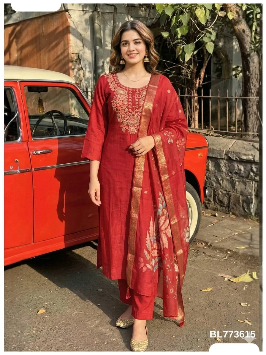 Sindoor Red Embroidered Silk Kurta Set