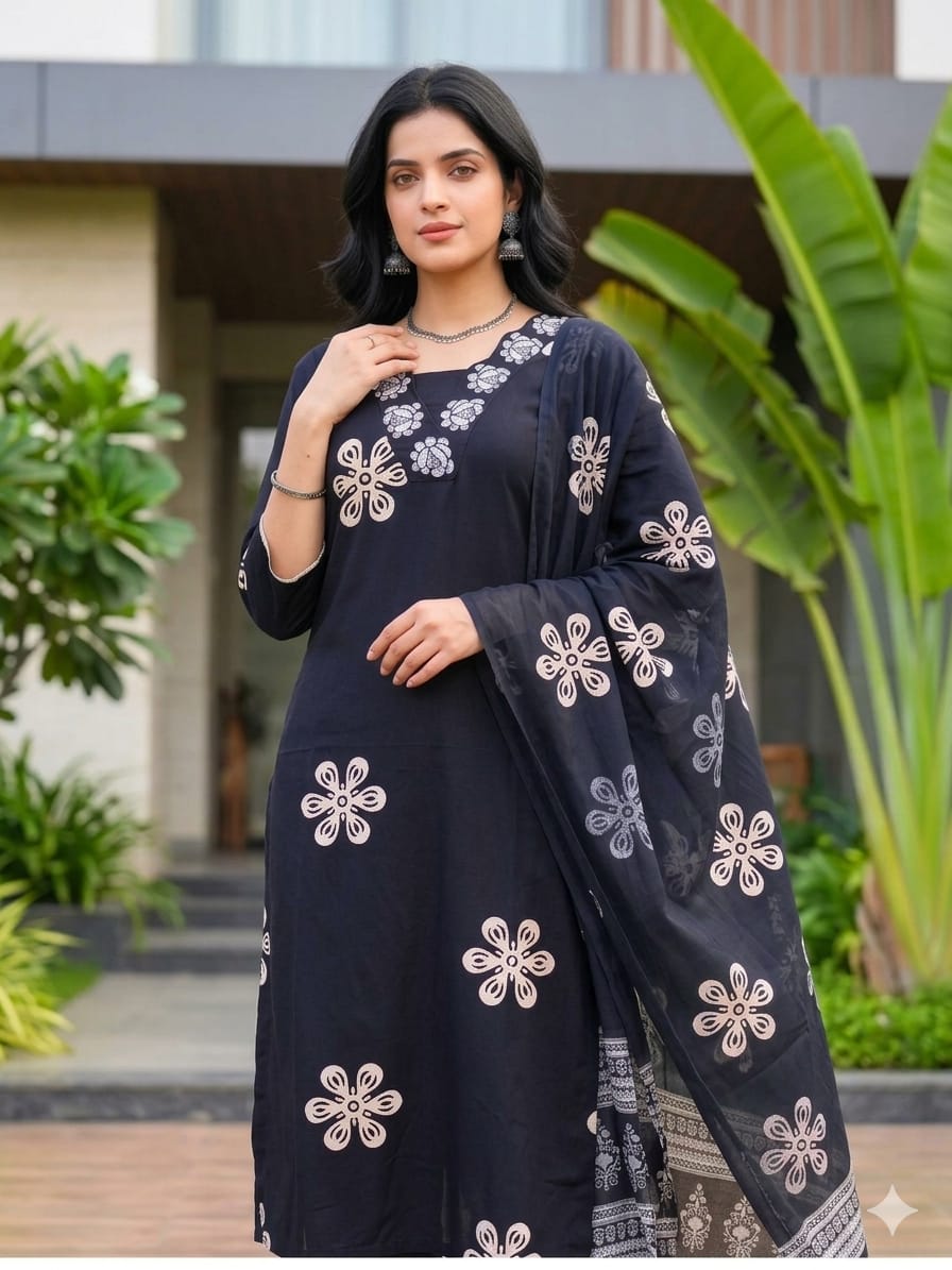 Midnight Noir Floral Embroidered Kurta Set