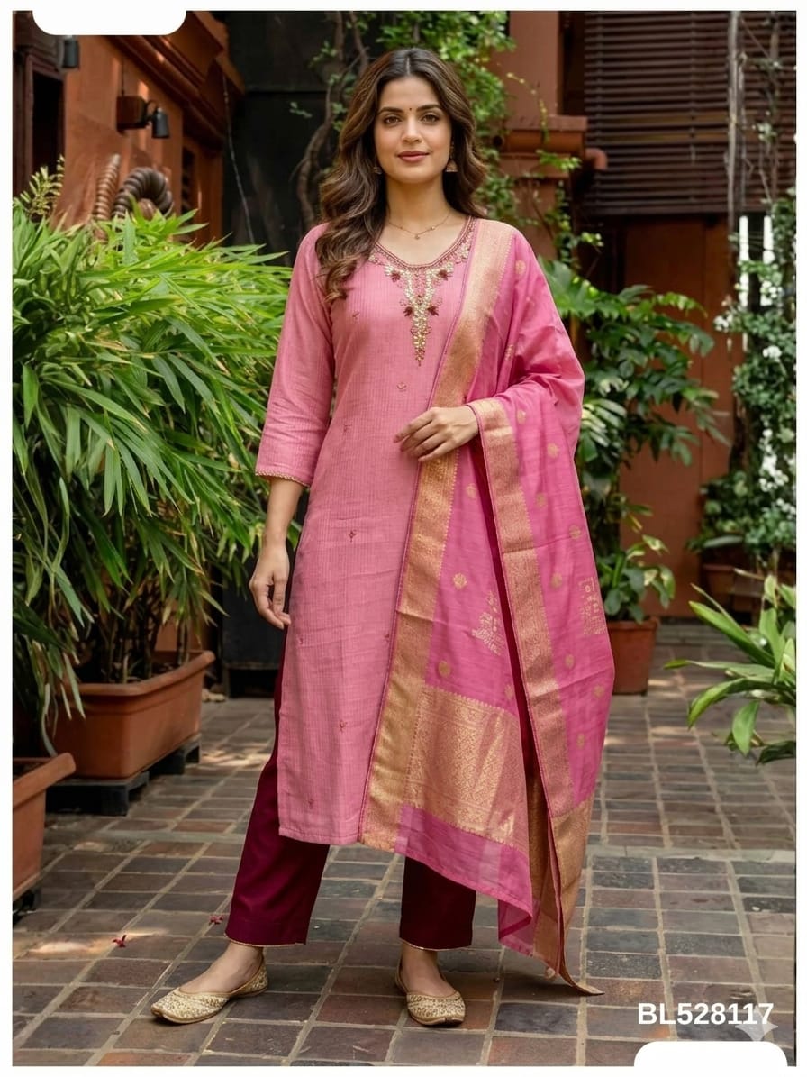 Rosé Blush Embroidered Silk Suit Set