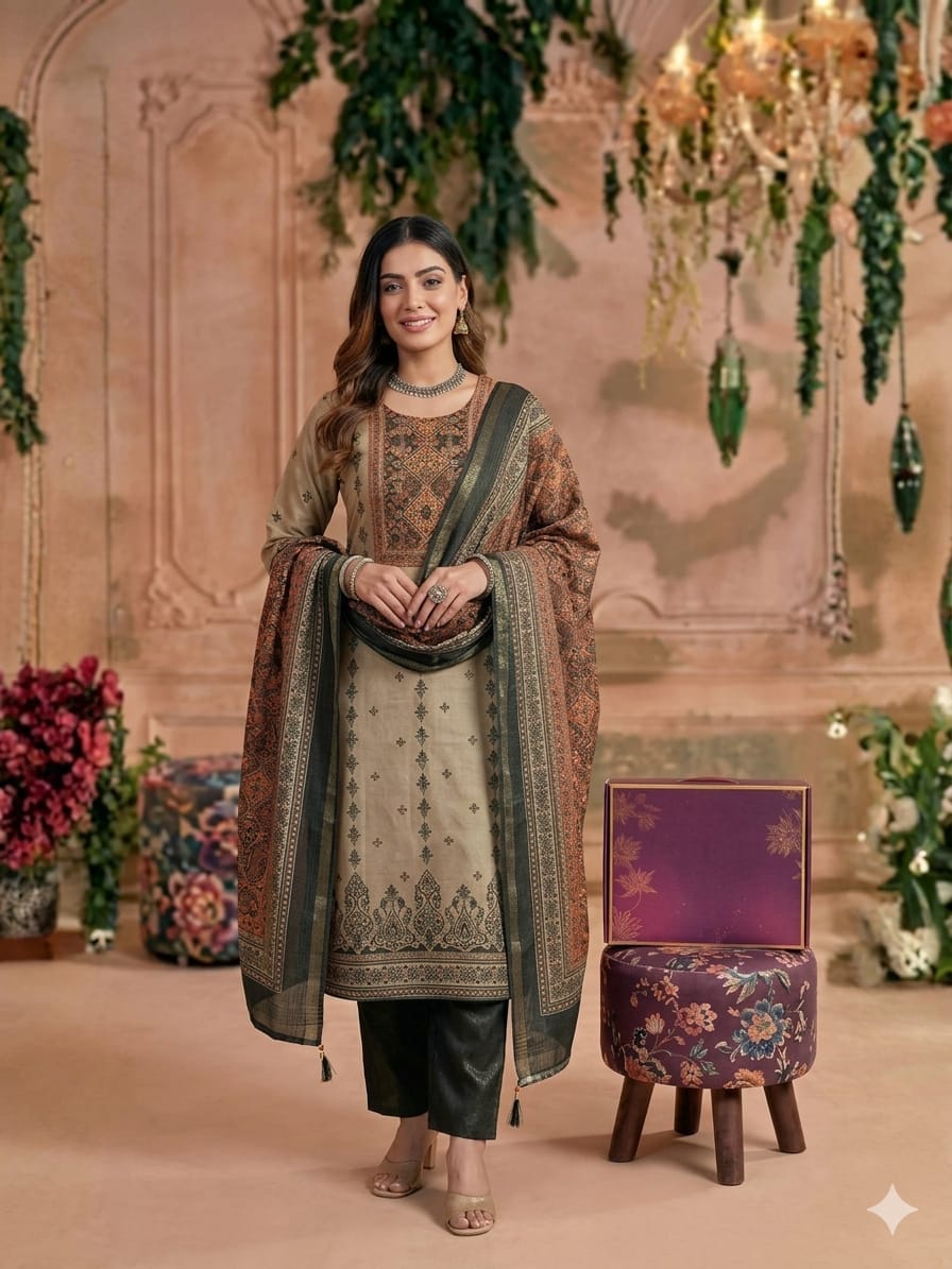 Kashmiri Beige & brown Paisley Printed Suit