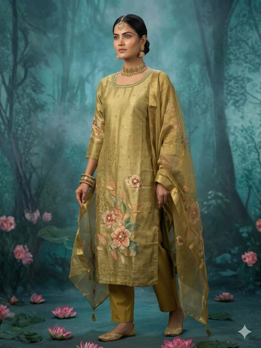 Pista Green Silk Mirror & Floral Kurta Set