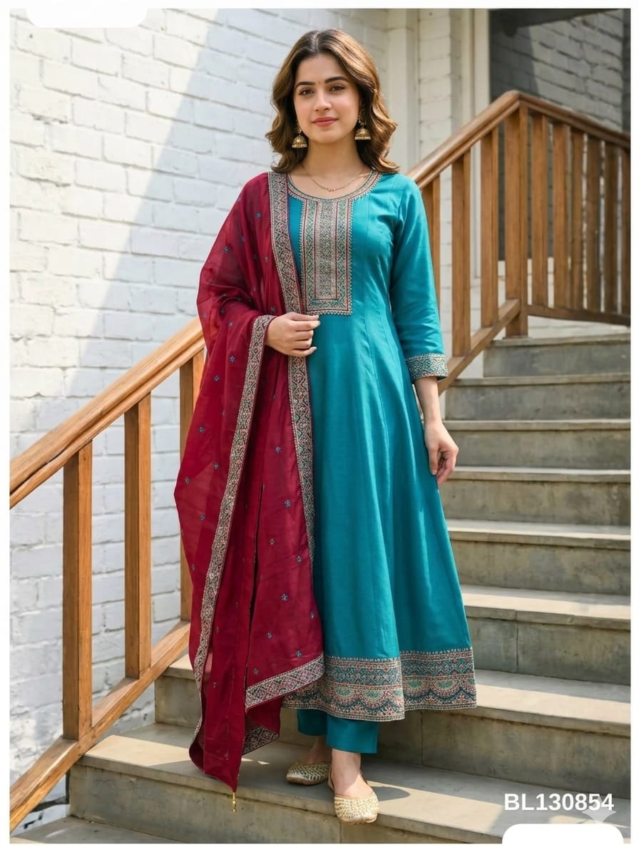 Mayur Teal Zari Border Anarkali Set