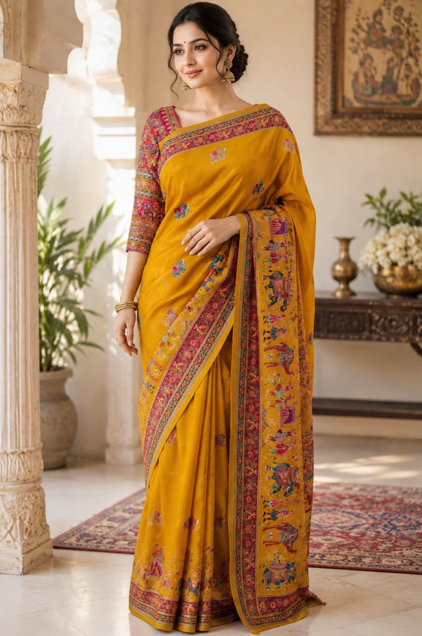 Rajhans Mustard Heritage Dola Silk Saree