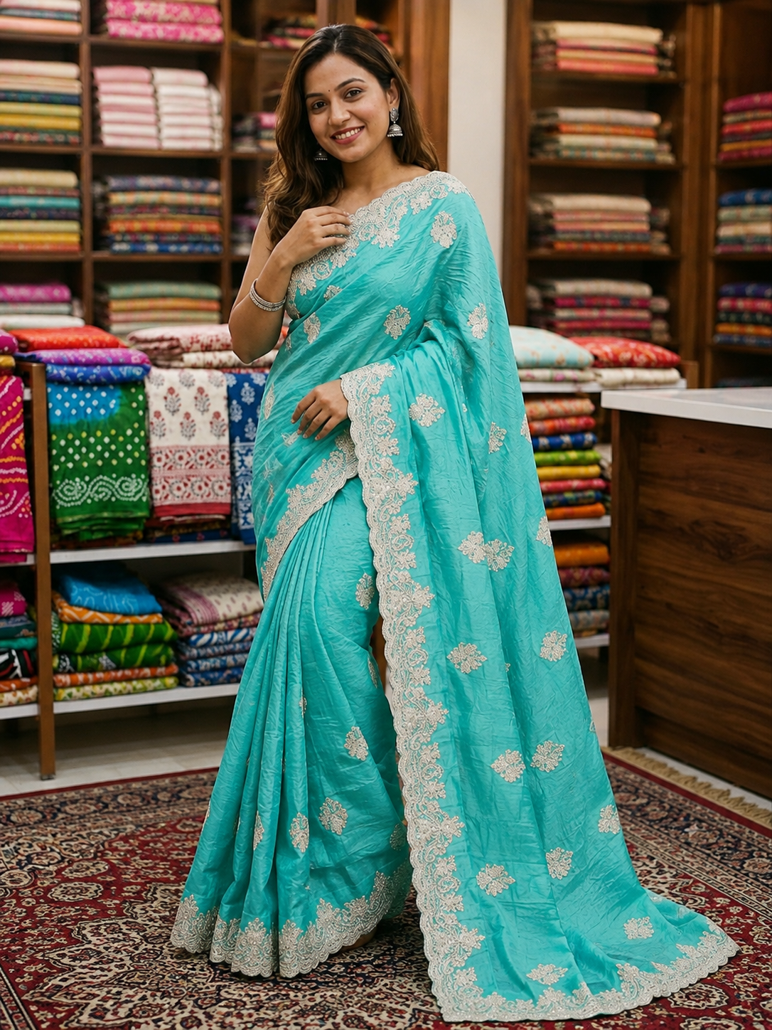 Aqua Noor Silk Embroidered Saree