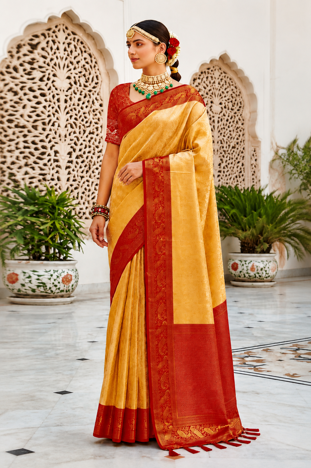 Golden Kanchan Silk Saree with Red Border