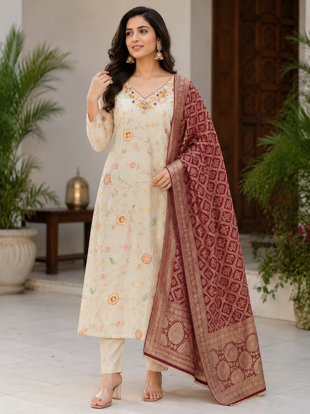 Ivory Gulnaar Tissue Georgette Suit Set