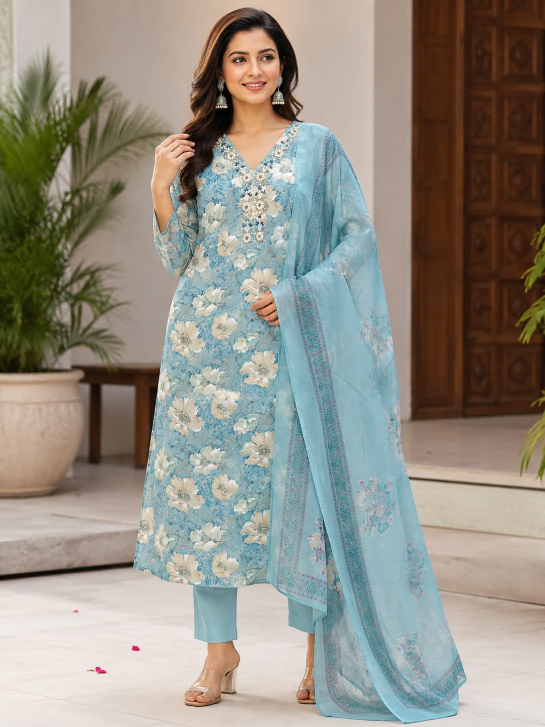 Aabha Sky Blue Floral Cotton Suit Set