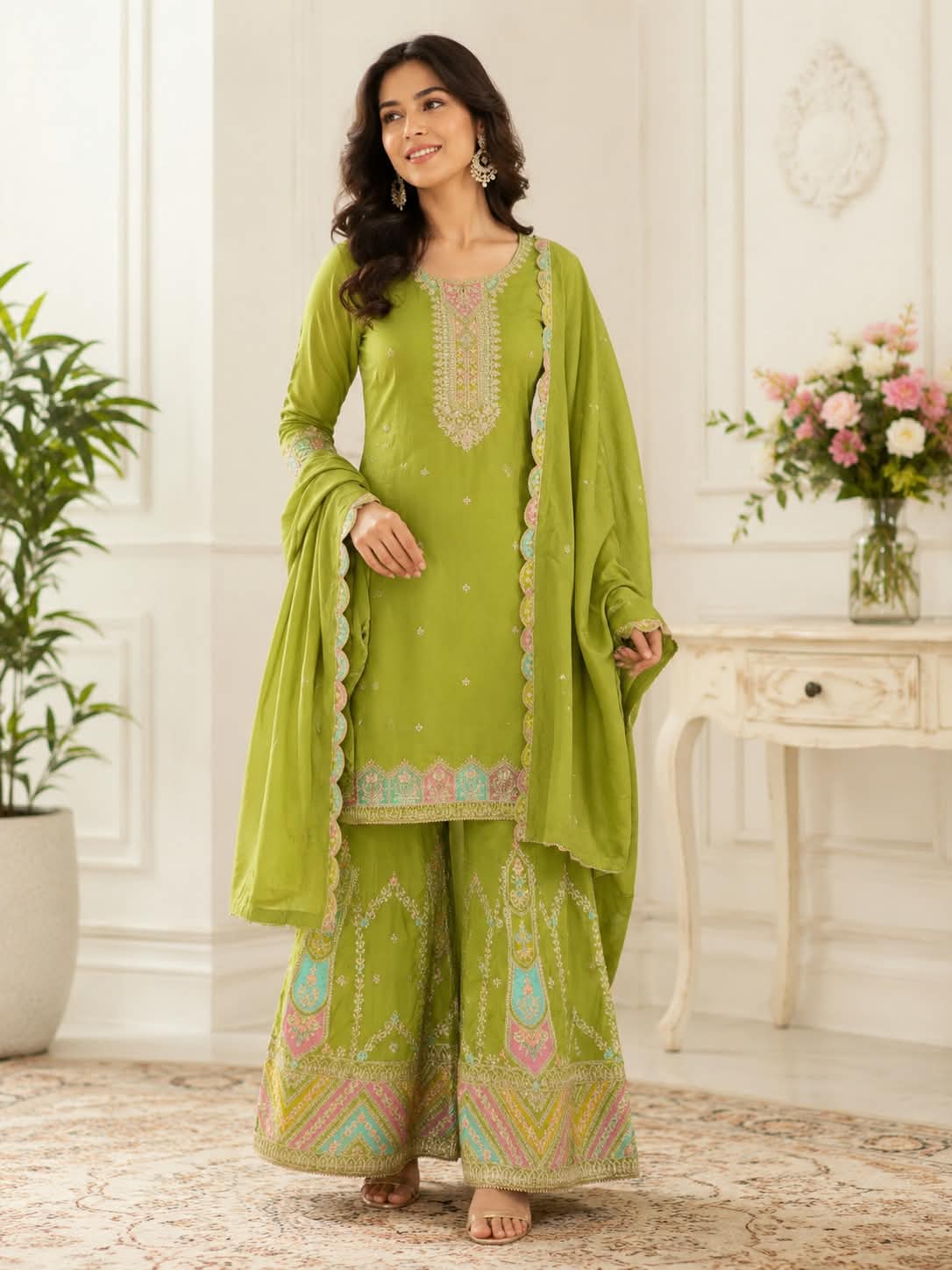 Meher Lime Chinon Georgette Sharara Set