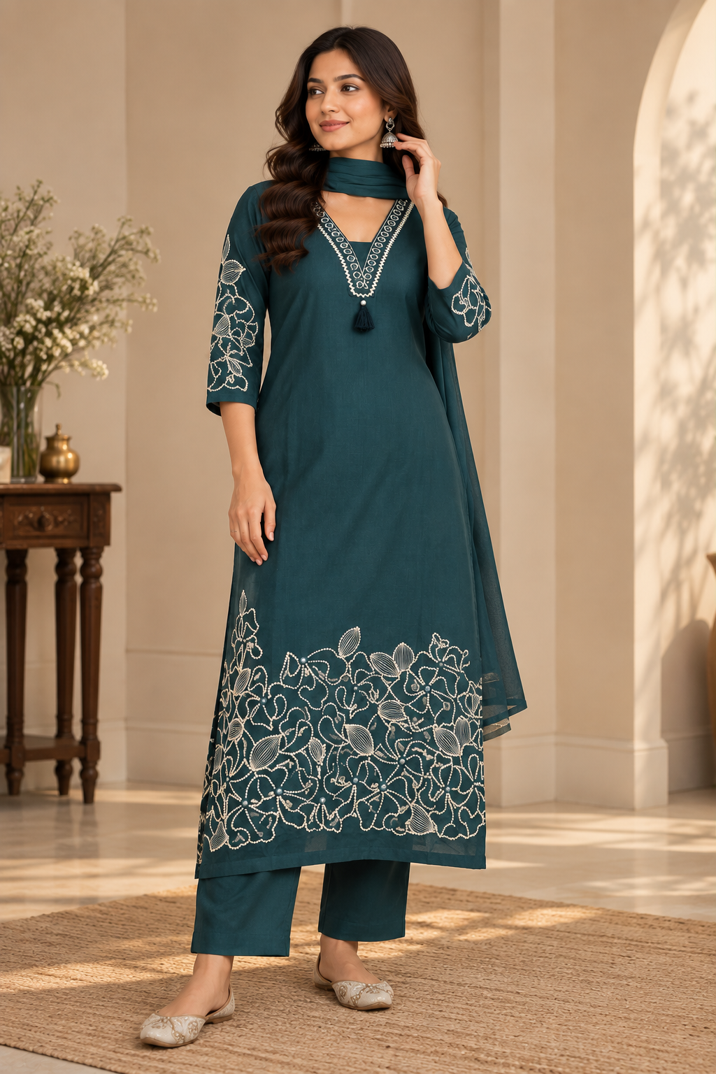 Neelvan Teal Embroidered Cotton Suit Set