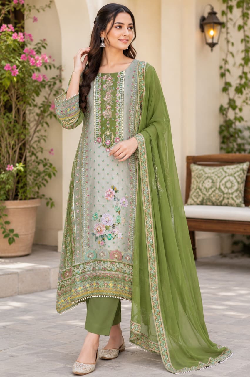Meher Olive Muslin Suit Set