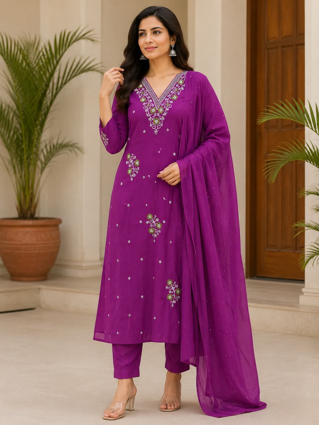 Ruhani Magenta Embroidered Cotton Suit Set