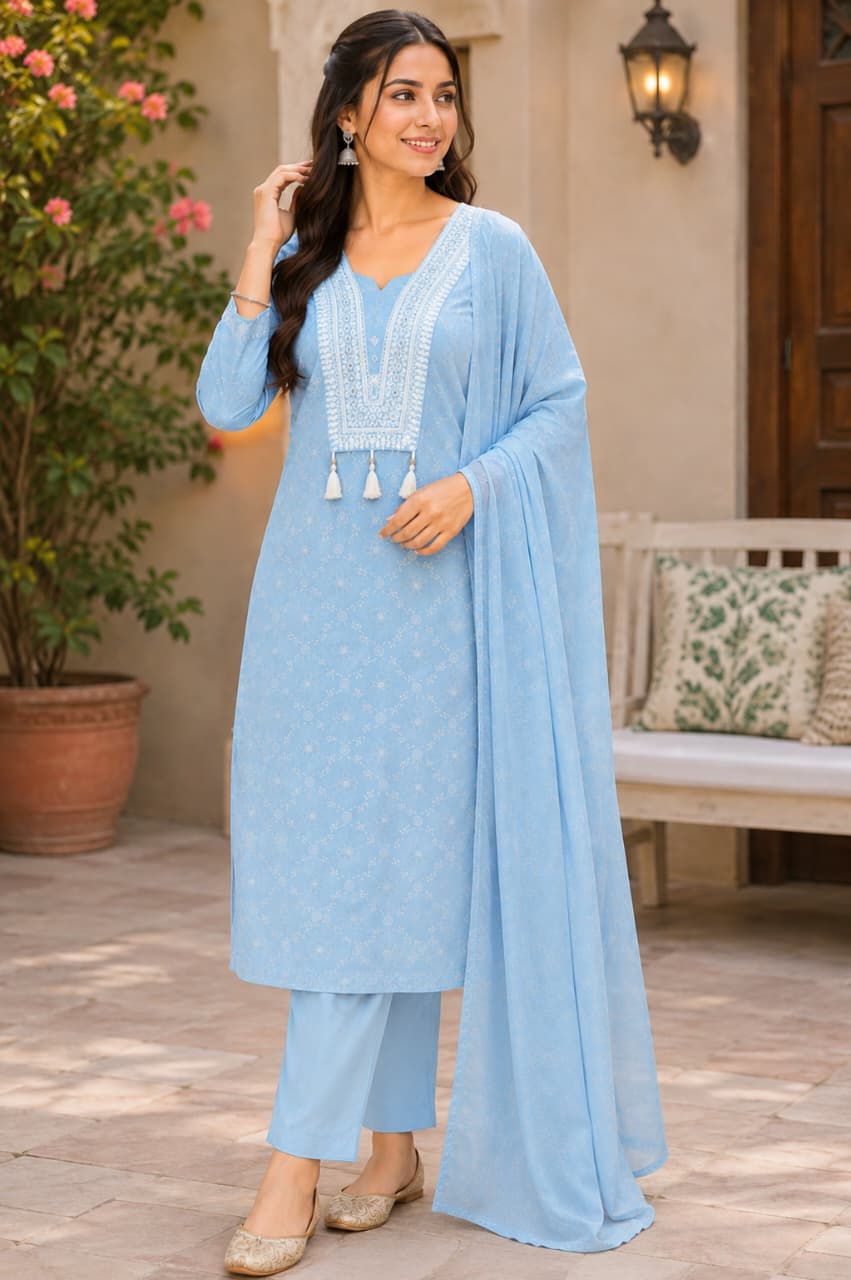 Aasma Sky Blue Cotton Suit Set