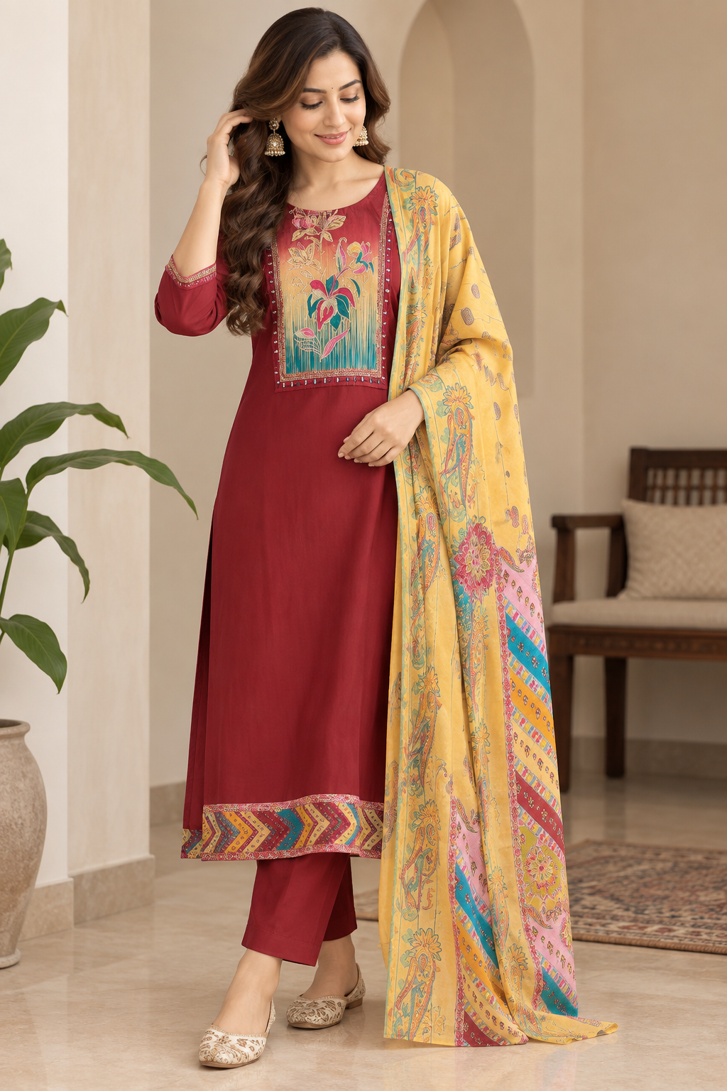 Gulnaar Maroon Cotton Suit Set