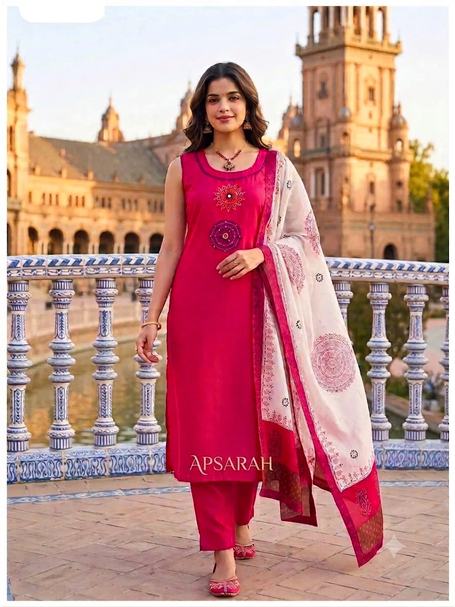 Straight Cut 3Pc Suit Set - Solid Pants - Printed Dupatta